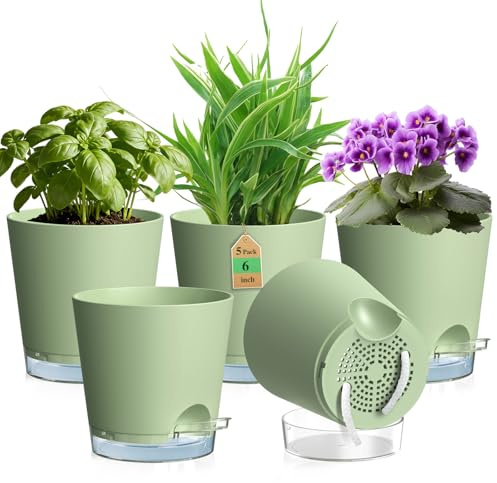 WSMKSZ 15cm Selbstbewässerungstopf, 5er Set Kunststoff Blumentöpfe, Grün | Pflanztöpfe mit Abflusslöchern & Transparentem Untersetzer, Sichtbarem Wasserstand, mit Baumwolldocht, für Innen Außen