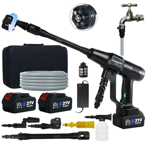 Duoguto 200 Bar Akku Hochdruckreiniger mit 2 Akku 4000mAh und Ladegerat, 3-Gang-Modus Druckreiniger Mobiler, 6-in-1und 180° Drehbare Düse, Schaumsprüher, 5M Schlauch | Reinigung Bewässerung