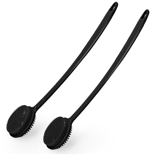 Ryggborste dusch uppsättning av 2, silikon ryggborste med långt handtag peeling kroppsborste rygg silikon kropp skrubb badborste massageborste kropp kvinnor, män, svart och svart