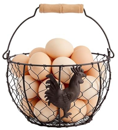 DICOSMETIC Cesta de huevos de alambre para recoger huevos frescos, hierro negro, cesta de recolección de huevos, rústico, redondo, con mango de madera, para decoración de cocina rústica, 21 x 13 cm