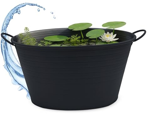 Spetebo Bac ovale en métal avec poignées - 59 x 36 cm - Noir - Jardinière décorative en métal - Mini bassin de jardin, bassin de balcon, bac à fleurs - Pot de fleurs décoratif