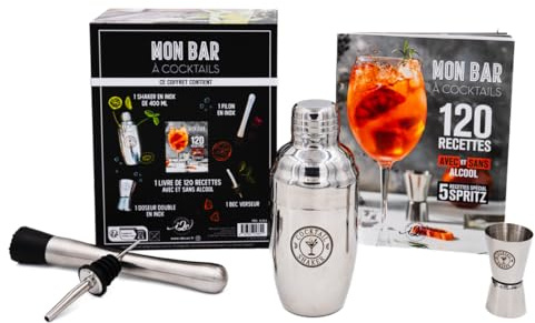 Mon bar à cocktails 2025: Coffret avec 1 shaker, 1 doseur double, 1 pilon et 1 bec doseur