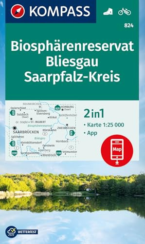 KOMPASS Wanderkarte 824 Biosphärenreservat Bliesgau & Saarpfalz-Kreis 1:25.000: mit markierten Wanderwegen, Hütten, Radrouten