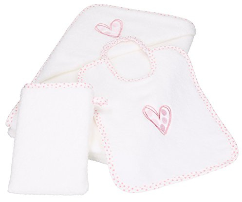 Betz 3tlg Set 1 Kapuzenbadetuch Kapuzentuch 85x85 cm Babyset Herzchen 100% Baumwolle 1 Kinderbadetuch 1 Lätzchen 1 Waschhandschuh Baby Farbe weiß-rosé