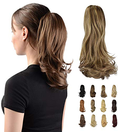 Sofeiyan 33cm Pferdeschwanzverlängerung Langer lockiger Pferdeschwanz Clip in Klaue Haarverlängerung Natürlich aussehendes synthetisches Haarteil für Frauen, Goldbraun & Hellblond