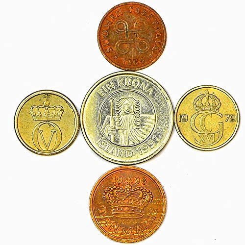 5 skandinavische Münzen aus Dänemark, Norwegen, Schweden, Finnland, Island Nordische Münzen