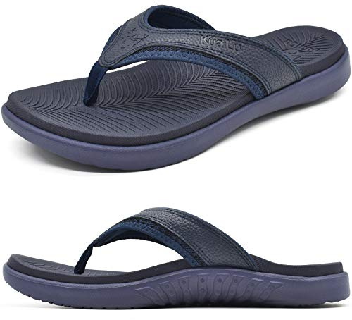 KuaiLu Mens Leather Flip Flops Orthotic Thong Sandals With Arch Support