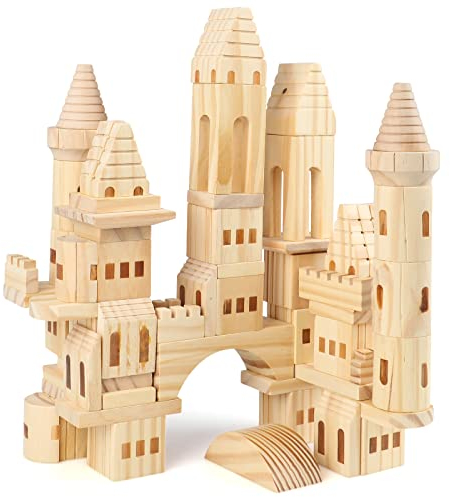 Jacootoys 75 Teile Holz Schloss Bausteine Montessori Naturfarbene Bauklötze Stapelspielzeug für 3 4 5 6 7 8+ Jahre Kinder