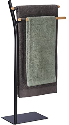 Relaxdays Handtuchhalter, freistehend, Handtuchständer mit 2 Stangen, HBT: 88 x 46,5 x 20 cm, ohne Bohren, schwarz/Natur