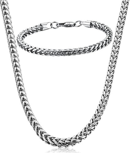 JeryWe 2pcs Uomo Collana Bracciale Catena Set in Acciaio Inox Grano Collana Bracciale Gioielli per Le Donne Uomini Ragazzo Ragazze Set 5 mm di Larghezza, 22 8,6 Oro Argento Nero