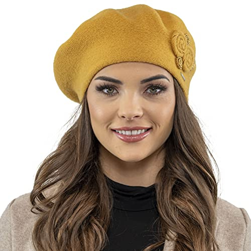 VIVISENCE Baskenmütze Damen Winter Elegante Mit Klassischem Herbst Frauen Mütze Schnitt Warmer Wollmischung Floraler Applikation Perfekter Passform Ideal Für Kalte Tage Modell, Honig,Einheitsgröße