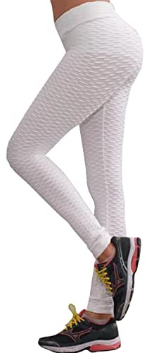 Fohevers Dam hög midja träningsleggings yoga gym löpning elastisk sport rynkad scrunch rumpa lyft magkontroll leggings, Vitt, L