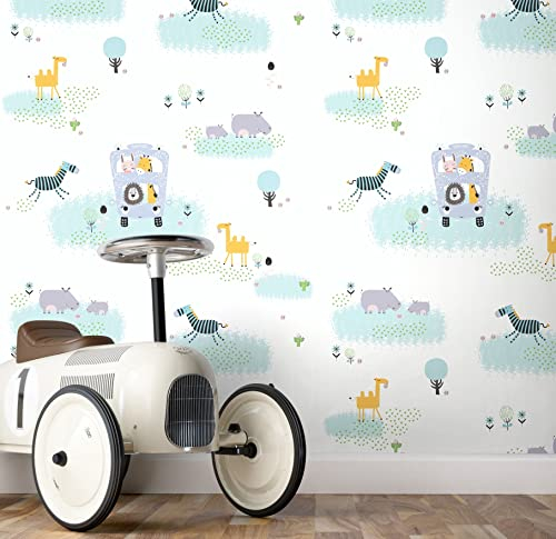 NEWROOM Tapete Weiß Vliestapete Tiere - Kinderzimmertapete Kinder Blau Mint Dschungel Safari Dschungeltapete Tropisch Tiertapete inkl. Tapezier-Ratgeber