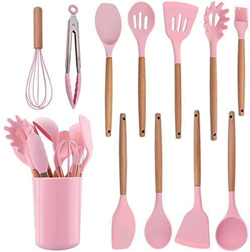 Juego de utensilios de cocina de silicona, antiadherentes, mango de madera, utensilios de cocina, juego de utensilios de cocina, color rosa, 12 unidades