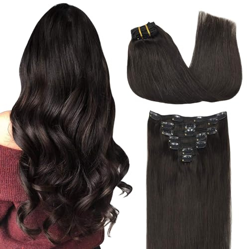GOO GOO Clip in Extensions Echthaar, Echthaar Extensions Clip, 35cm 120g 7pcs, Extensions Echthaar, Haarverlängerung Echthaar, 2 Dunkelbraun | 7pcs, Remy Echthaar Extensions Clip, Doppelt Genähte Tresse, Haarverlängerung, Silky Straight, Mehr Länge und Volumen, #2