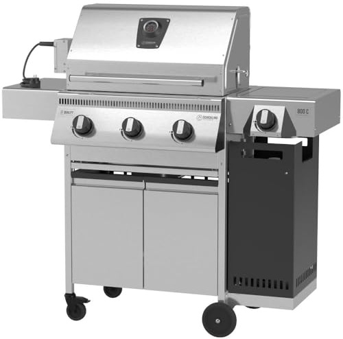 Schickling Gasgrill Henry L - Pro Premium BBQ Edelstahl Gasgrill aus Deutschland mit 3 Brenner & Doppelwandigen Deckel – Direkt vom Hersteller: 800°C Seitenbrenner & Drehspieß