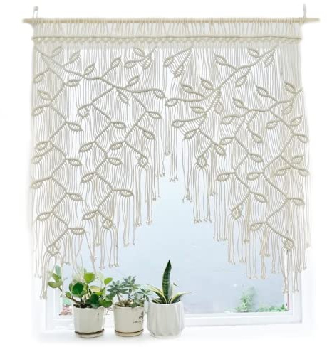 Cortinas correderas de macrame Boho hojas tejidas cortas cortinas de bistro bistro colorta de la puerta de la pared colgante de la puerta cortina corta para sala de estar balcón de balcón de balcón
