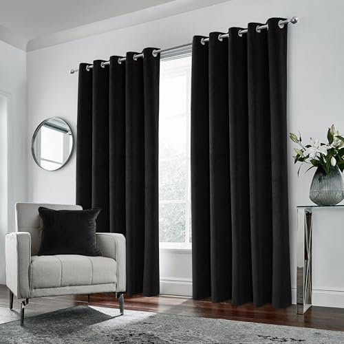 Enhanced Living Hampton Premium Velvet Black Blackout Curtains for Bedroom - 46x54 inch (117x137 cm) Supersoft Eyelet Curtains for Living Room - 2 x Curtain Panels