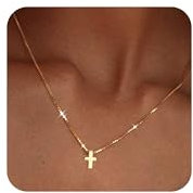 Christian Faith Girls Tiny Cross Necklace - 14K Gold Small Cross Pendant, Dainty Gold Choker Necklace Gift