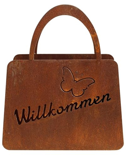 Manufaktur Lichtbogen Rost Handtasche Willkommen zum Bepflanzen 46 cm hoch Edelrost Gartendeko Pflanzgefäß