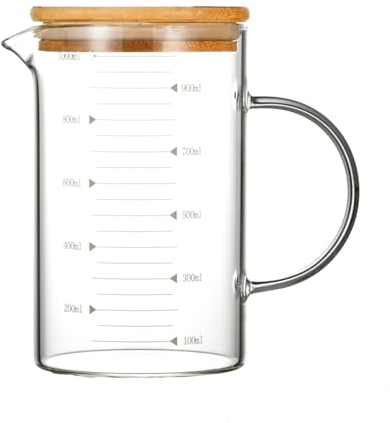 LIMITADA Jarra Medidora Cristal 1L con Tapa de Bambú Vaso Medidor Cristal con Tapa y Asa Jarra de Medición Cristal Jarra Medidora para Microondas Vaso Medidor de Vidrio con Escala para Medir Líquidos