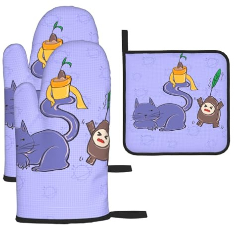 Ofenhandschuhe und Topflappen, Sonnenblumenkerne und Katzen, Grillhandschuhe und Halter zum Kochen, Backen (3-teiliges Set)
