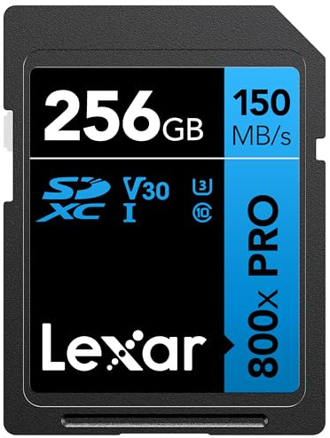 Lexar Carte mémoire Haute Performance 800x Pro SDXC UHS-I, 256 Go, C10, U3, V30, vidéo 4K UHD, jusqu'à 150 Mo/s de Lecture, pour appareils Photo Reflex numériques de Milieu de Gamme et caméscopes HD