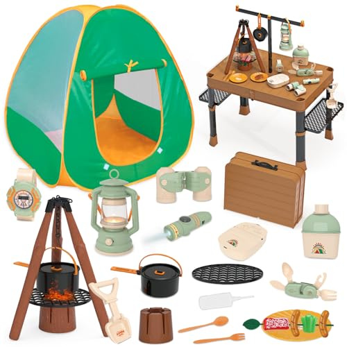 Fisca 62PCS Kinder Spielzelt - Campingzelt mit Ausrüstung & Werkzeug, Abenteuer Camping Set für Kleinkinder - Indoor Outdoor Garten