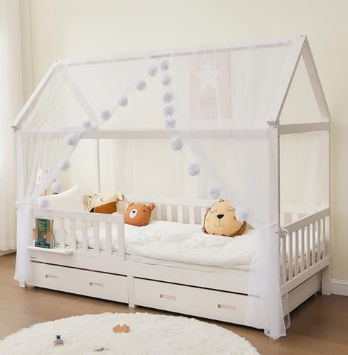 ALAVYA HOME® Hausbett Himmel Deko Set 3-TLG – 2 x Betthimmel für Kinderbett + große Pom Pom Kette, GOTS Zertifiziert, 100% Polyester, Kinderzimmer Deko Skandi Stil, Mädchen & Jungen, Weiß 150x340 cm