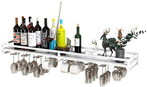 Botellero Botellero montado en la pared con estante de exhibición, soporte para vino colgante, soporte para copas y botellas de vino, estante de vidrio para copas, blanco (tamaño: 80x20x8,5 cm)
