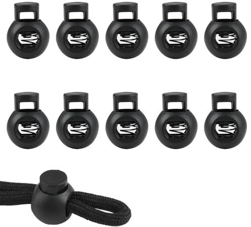 10Pcs Cord Locks Spring Toggles Stoppers, Ball Shape Plastic Toggles for Drawstrings, Black Single Hole Spring Cord Locks Rope Stop Lock-22x17x8mm (LxWxHole Diameter)