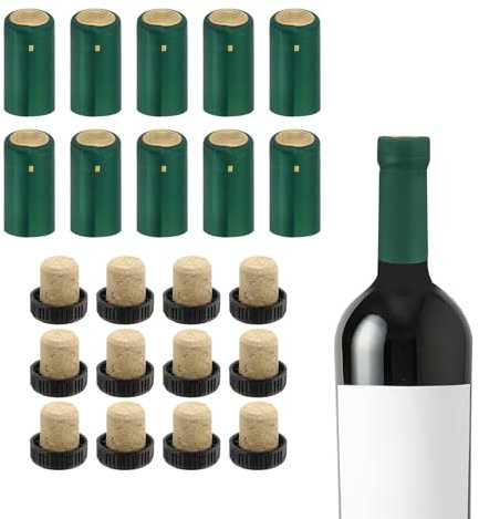 uxcell Lot de 100 capsules thermorétractables en PVC avec 12 bouchons en liège en forme de T avec languettes détachables pour bouteilles de verre à vin, caves à vin, maison, 30 x 60 mm, vert