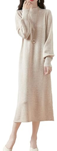 Ailaile 100% lana merino maglione vestito donna collo lupetto lanterna manica pullover autunno inverno lavorato a maglia abito lungo