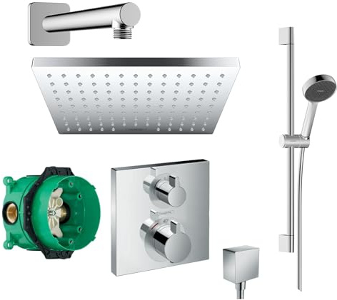 Hansgrohe Duschsystem Unterputz mit Duscharmatur Hansgrohe poliert HGK13 | Duscharmatur von Hansgrohe Ecostat Square Thermostat Armatur und Hansgrohe Regendusche eckig Duschstange Dusch-SET pol.