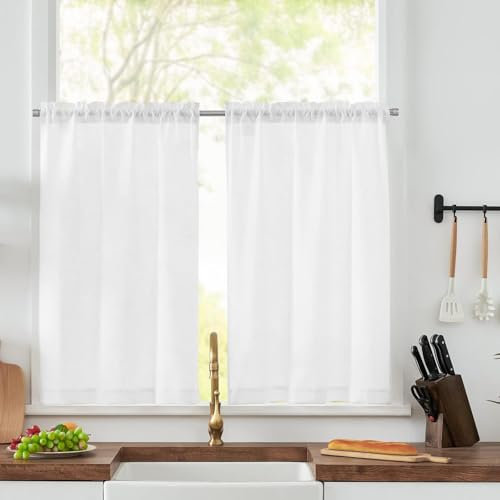 Scheibengardine, Scheibengardinen Halbtransparent, Bistrogardine Gardinen, Weiss Fenstervorhang Halb Küche Vorhänge Fensterschal für Kleine, Fenster, Küche, Wohnzimmer, Landhaus (Weiß-65x60 cm)