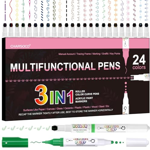 CHARSOCO 24 Farben 3-in-1 Marker Pens – Kurvenspitze, feine Spitze & Pinselspitze – 24 Muster, zusammenbaubar, für Erwachsene, Malbücher, DIY-Karten, Zeichnen, Notizen, Kalligraphie, Journaling