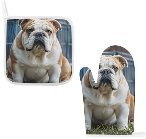 Ofenhandschuhe und Topflappen, 2-teiliges Set, hitzebeständig, Küchenhandschuhe mit Topflappen, rutschfestes Baumwollfutter, Ofenhandschuhe, englische Bulldoggen, Kochhandschuhe zum Backen