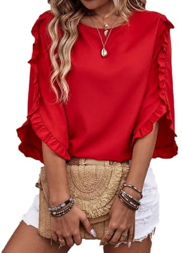 ABYOVRT Camicetta Donna Casual Blusa Donna Puro Colore Traspirante 3/4 Manica Volant Girocollo Blusa Leggero,Rosso,L