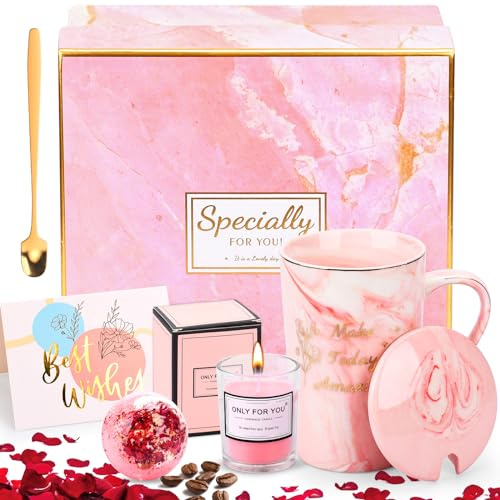 KIMIGO Cadeaux pour femmes, cadeau d'anniversaire pour femme, cadeau d'anniversaire, tasse en céramique rose, 420 ml, coffret cadeau, maman, meilleure amie, collègue, cadeau d'anniversaire