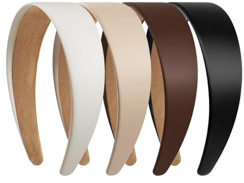 Ptrin Haarreifen Damen Mädchen,4 Stück Satin-StirnbäNder,4cm Breite,Modisches,Make Up Haarreif,Rutschfestes Retro-Haarband,für Party und DIY Haarschmuck（Schwarz, Dunkelkaffee, Khaki, Elfenbein）