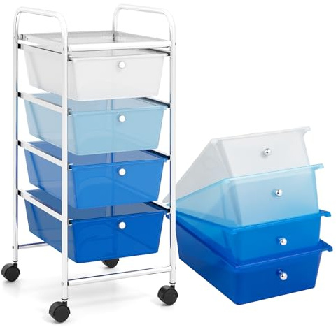 GIANTEX Carro de Almacenamiento con 4 Cajones Plásticos, Carrito Auxiliar con Estructura de Metal, Ruedas Bloqueables, 32 x 37 x 76 cm, Organizador para Baño, Cocina (Azul)