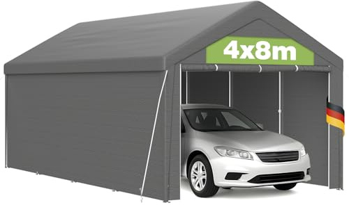 Pavillon XXL Carport 4x8m mit Stabil PE Plane, UV-beständig wasserdicht, abnehmbaren Seitenwänden, Dachverstärkung, Metallrahmen, Garagenzelt für Auto, LKW, Party, temporäre Werkstatt, Grau