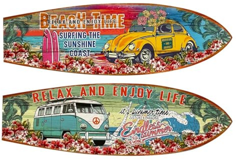 Générique Set med 2 dekorativa surfbrädor i trä, 75 cm, vintage skåpbil och strand, retrostil