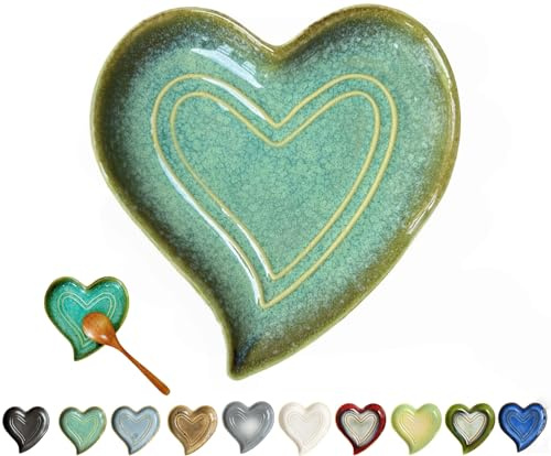 Ceramic Spoon Rest for Stove Top, Heart Cute Spoon Rest for Kitchen Counter, Cooking Spoon Holder for Kitchen Counter, Utensil Rest Spatula Rest Ladle Holder Tong Rest (Retro Jade Green)