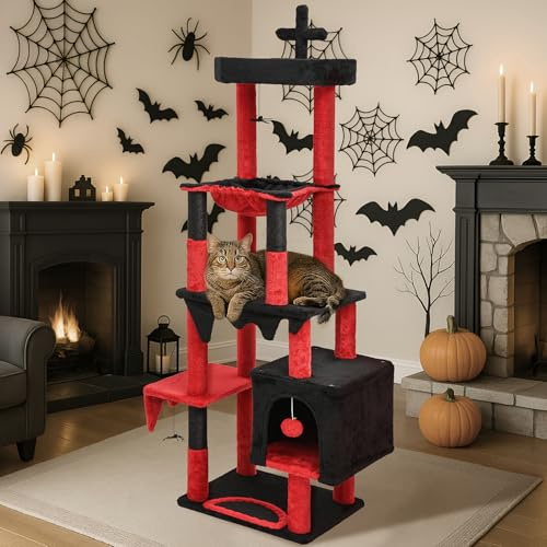 BYBYME Gothic-Kratzbaum für Halloween, 168 cm hohes und stabiles Katzenmöbel-Set mit Katzenbett Katzenhaus, Kratzbrett multifunktionaler Katzenspielturm mit Hängematte (Schwarz Rot)