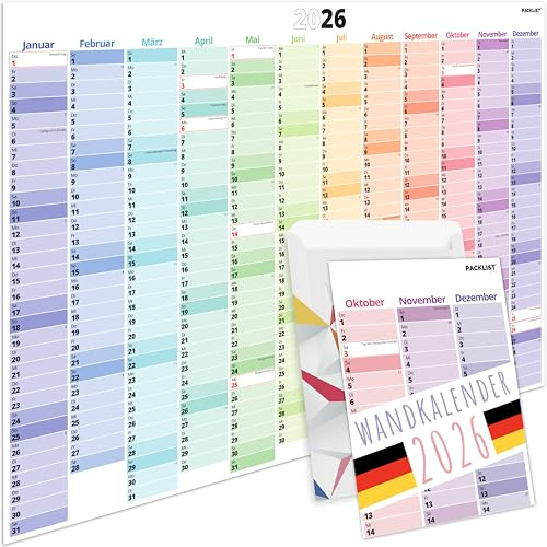 PACKLIST® Väggkalender 2026 stor XXL DIN A1 84 x 60 cm. Årskalender 2026 väggkalender, årsplanerare 2026, vikta i affischstorlek, väggplanerare 2026, liggande format – 100 % pappersförpackning