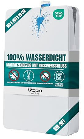 Wasserdichter Matratzenbezug 160x200x20 cm, Matratzenschoner Anti-acariens | Matratzenbezug mit Reißverschluss, Schutz vor Staubmilben und Bettwanzen, Oeko-Tex-zertifiziert, Utopia Bedding