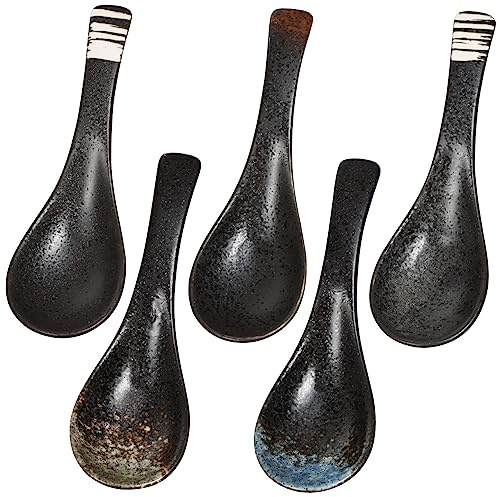HIAKDOFT Juego De 5 Cucharas De Cerámica Para Gachas y Sopa, Estilo Japonés Retro, Diseño Ergonómico Para Cocina Asiática