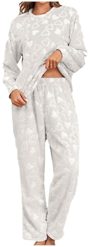 Schlafanzug Damen Lang Winter Flanell Pyjama Hausanzug Kuschelig Nachtwäsche 2 Teiler Lounge Set Herzen Kleidung Fleece Zweiteiler Homewear Frau Kuschelanzug Langarm Pyjamahose Loungewear Grau L