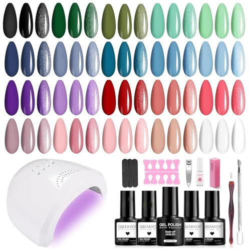 GELFAVOR Kit Vernis Semi Permanent Complet, 20+4 PCS Vert Bleu Violet Rouge Rose Vernis Gel avec 48W UV/LED Lampe, Kit Ongle Gel UV Complet Cadeau Démarrage Débutant